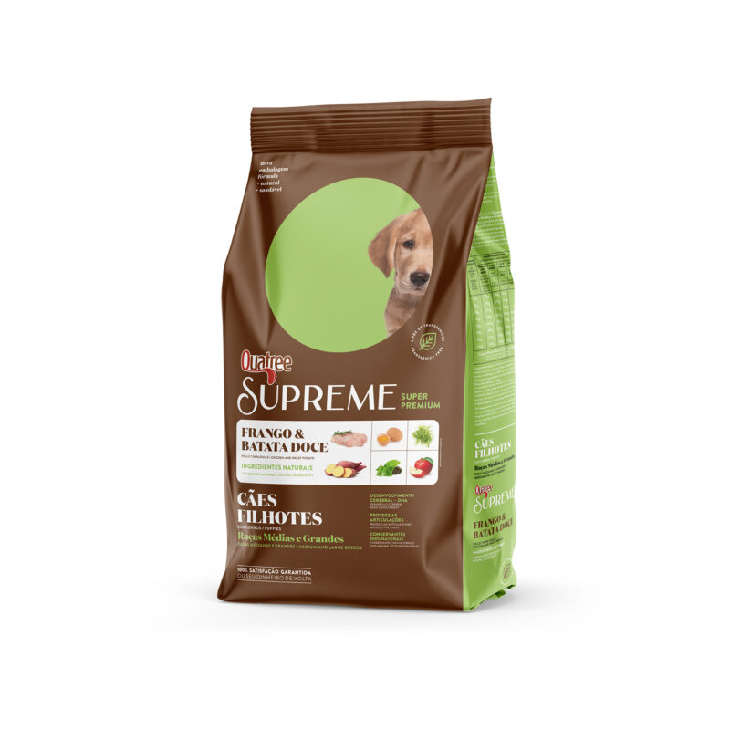 Ração Quatree Supreme Cães Filhotes Raças Médias e Grandes Frango Bata Doce 15kg.