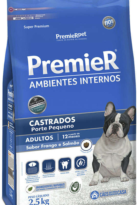 Premier Ambientes Internos Cães Adultos Castrados Pequeno Porte Sabor Frango e Salmão 2,5kg