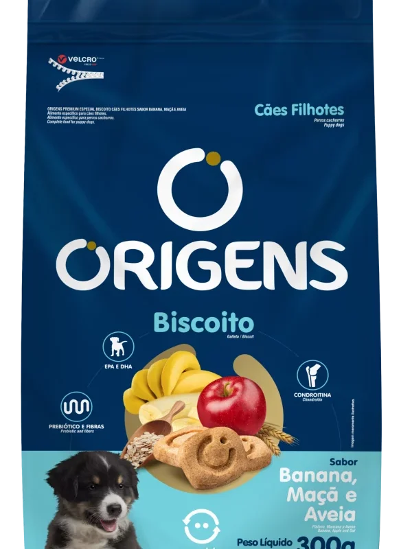 Origens Premium Especial Biscoito Cães Filhotes Sabor Banana, Maçã E Aveia 300g