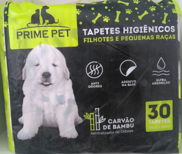 TAPETE HIGIÊNICO PET PRIME FILHOTES E RAÇAS PEQUENAS COM CARVÃO DE BAMBU 60CM X 60CM 30 UNIDADES