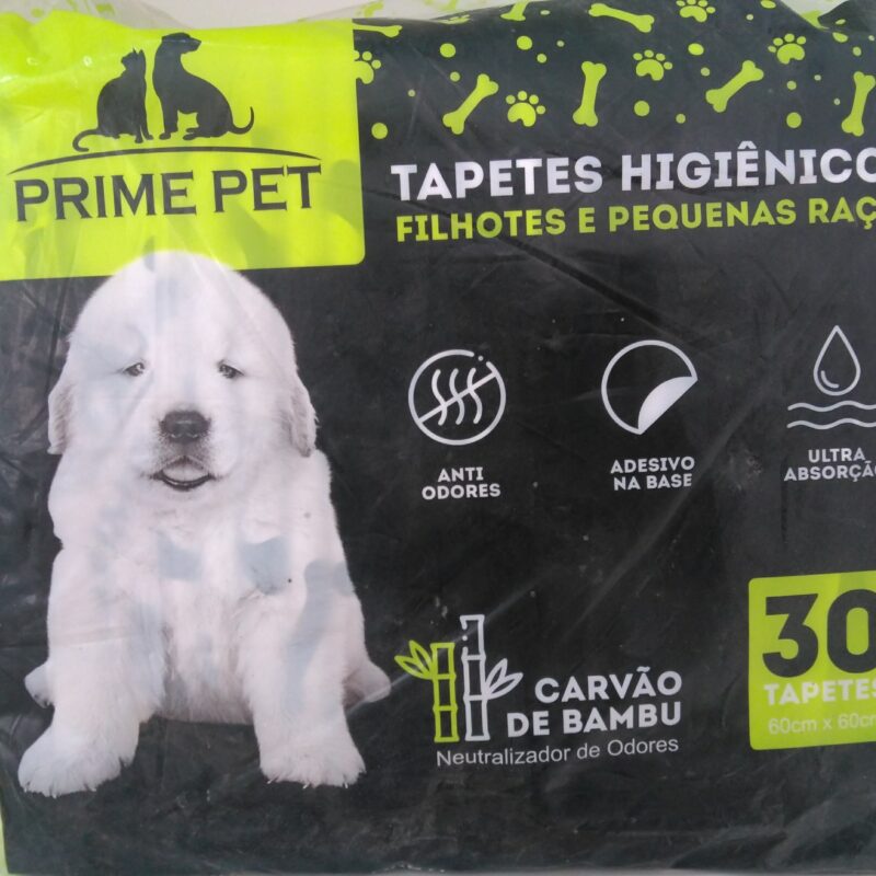 TAPETE HIGIÊNICO PET PRIME FILHOTES E RAÇAS PEQUENAS COM CARVÃO DE BAMBU 60CM X 60CM 30 UNIDADES