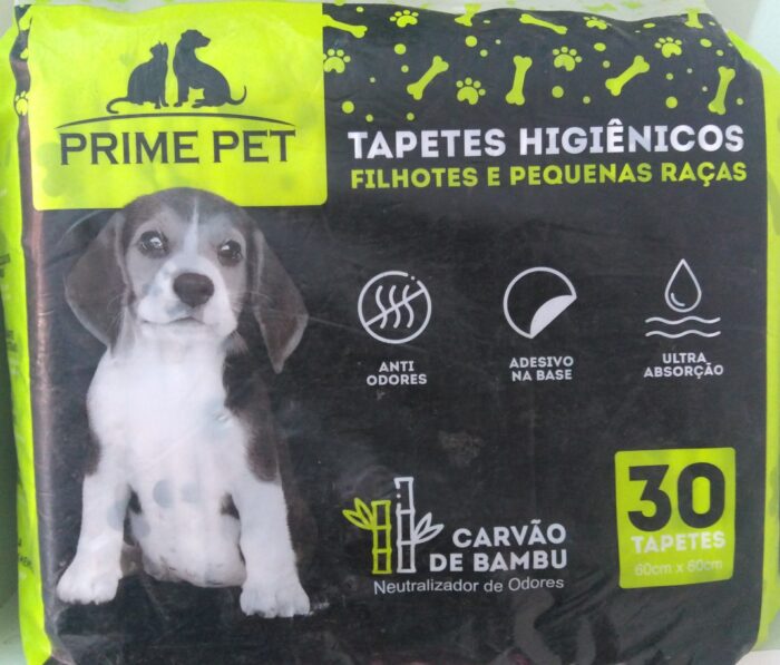 TAPETE HIGIÊNICO PET PRIME FILHOTES E RAÇAS PEQUENAS COM CARVÃO DE BAMBU 60CM X 60CM 30 UNIDADES