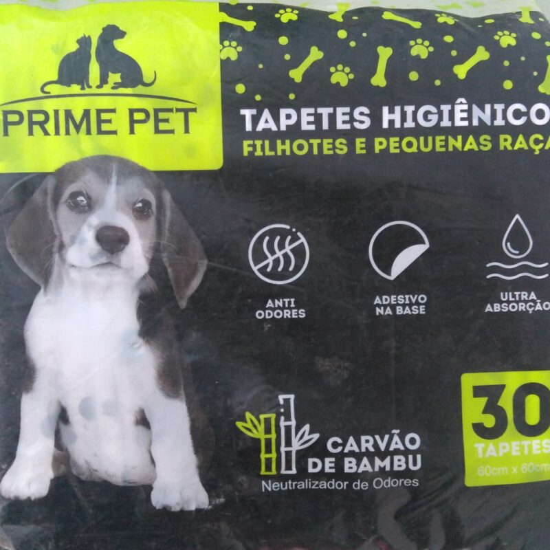 TAPETE HIGIÊNICO PET PRIME FILHOTES E RAÇAS PEQUENAS COM CARVÃO DE BAMBU 60CM X 60CM 30 UNIDADES